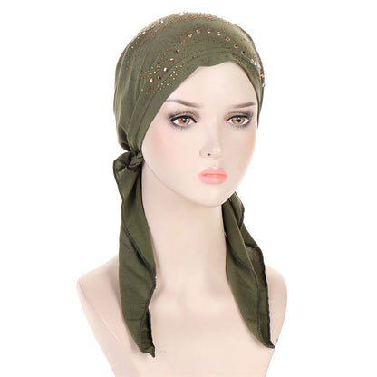 Fashion Diamond Women's Hijab Solid Color Muslim Ladies Turban Bonnet Soft Elastic Long Tail Head Wrap Head Scarf Indian Hats