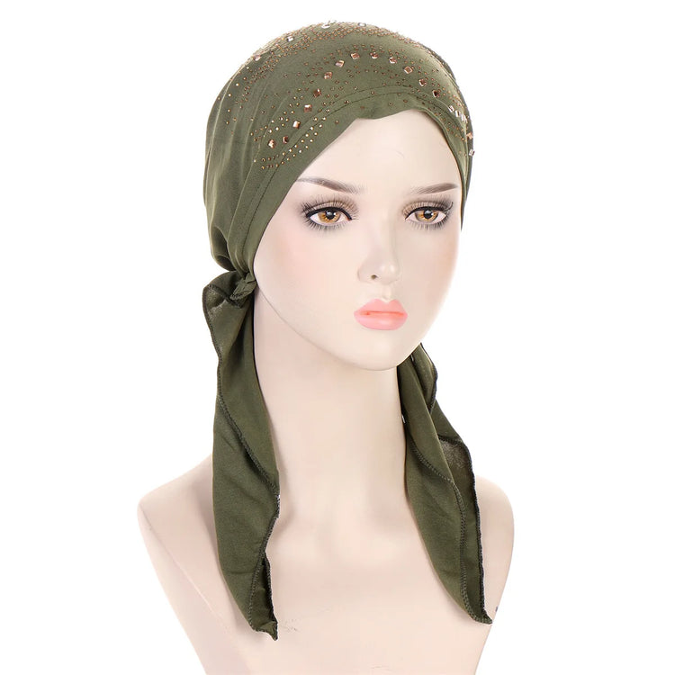 Fashion Diamond Women's Hijab Solid Color Muslim Ladies Turban Bonnet Soft Elastic Long Tail Head Wrap Head Scarf Indian Hats