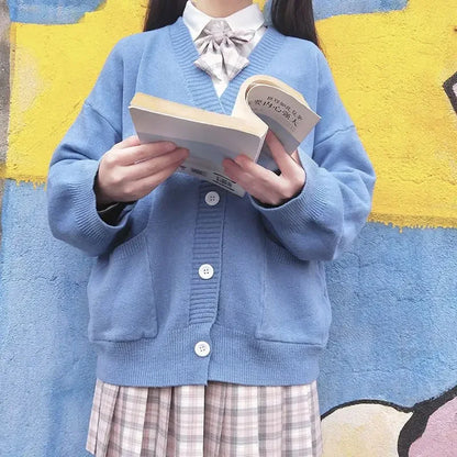 Japan School Sweater Spring Autumn V-neck Cotton Knitted Sweater College Style JK Uniform Cardigan 5 Color Student Girls Cosplay