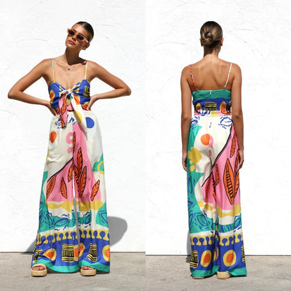 Spring Summer Print Spaghetti Strap Jumpsuits Women Fashion Sexy Hollow Out Leace-up High Waist Wide Legs Jumpsuit Bohemian New