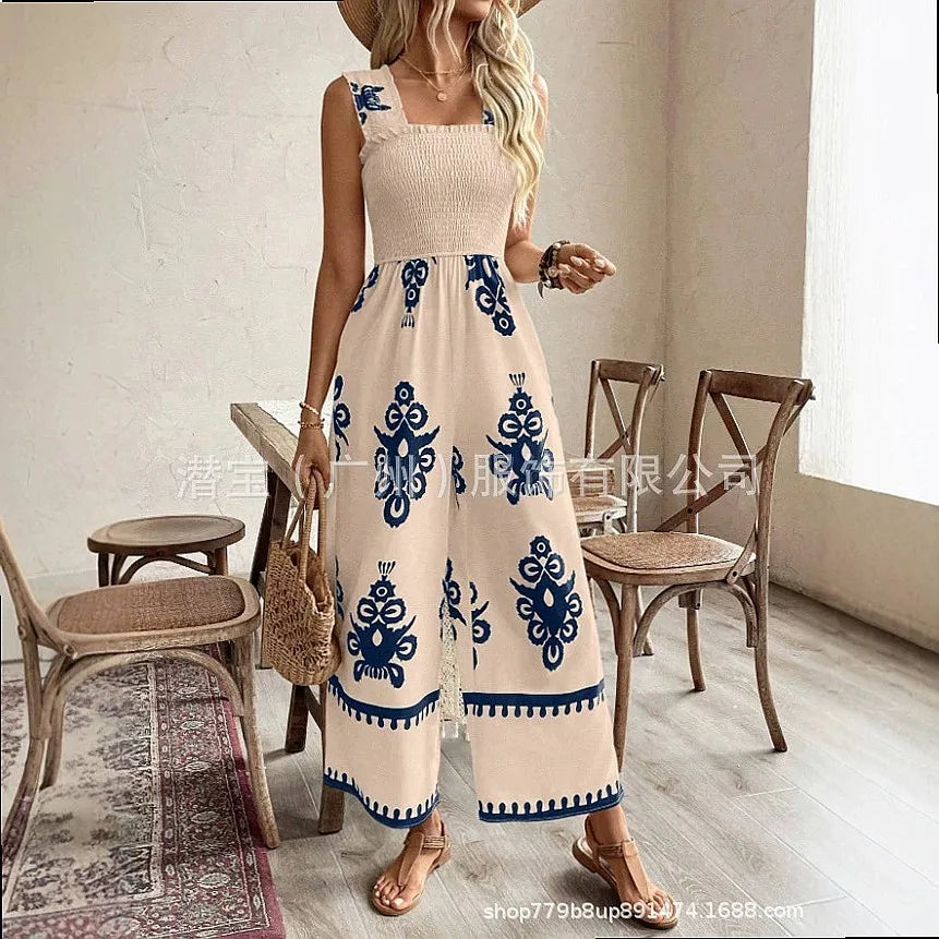 Jumpsuit Jumpsuits Print Smocked Waist Wide Strap Spring Summer Playsuit Overall