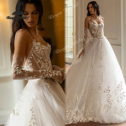 Elegant Flowers Lace A Line Wedding Dresses 2026 Sheer Tulle Customized Beach Bridal Gown Custom Vestido De Novia