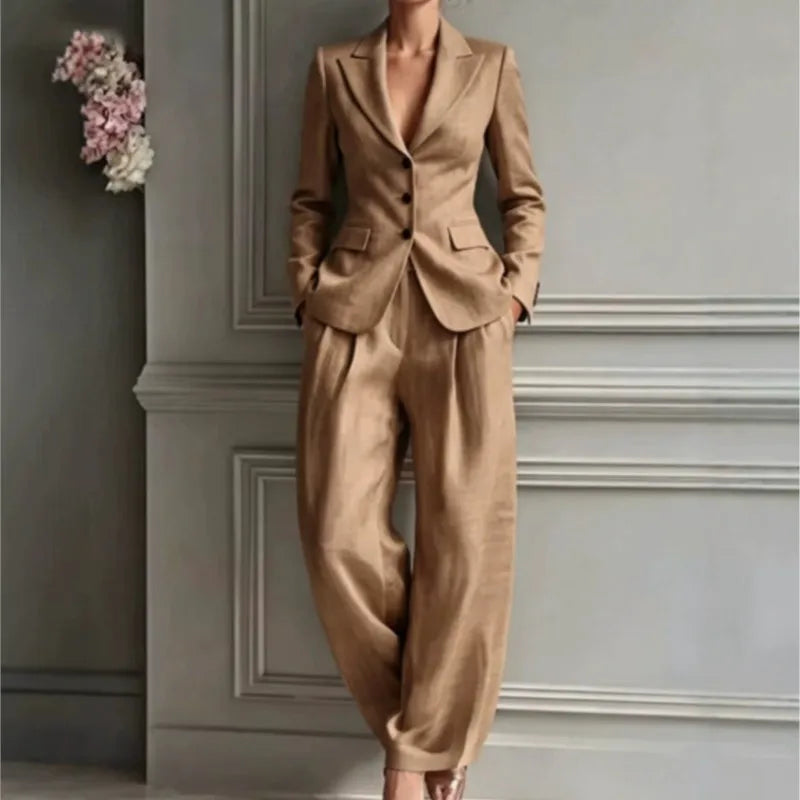 Autumn New Women's Long-sleeved Suit Shirt 2-piece Set Fashion Pocket Suit Collar Slim Temperament Female Office Trousers Suit