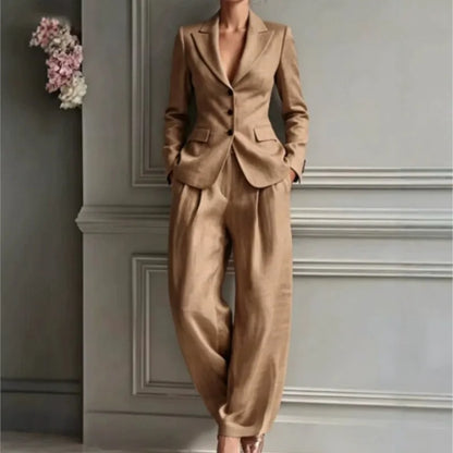 Autumn New Women's Long-sleeved Suit Shirt 2-piece Set Fashion Pocket Suit Collar Slim Temperament Female Office Trousers Suit