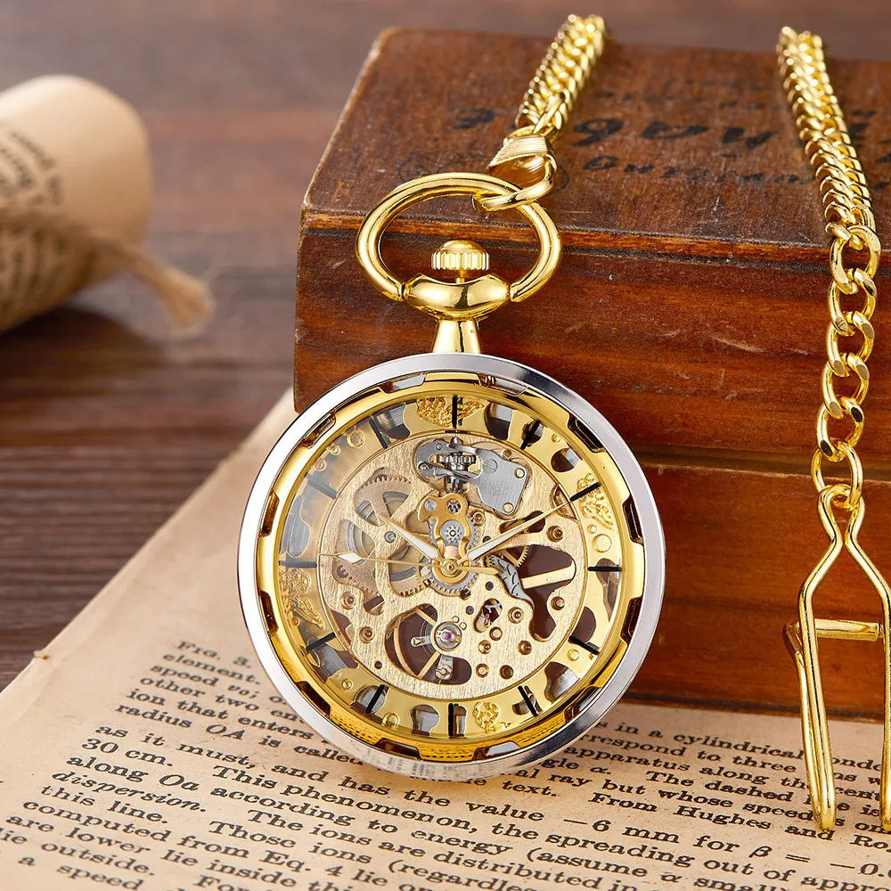 Vintage Transparent Hollow Women Men Skeleton Mechanical Pocket Watch Hand Winding With Waist Belts Chains Gift Watches Clock
