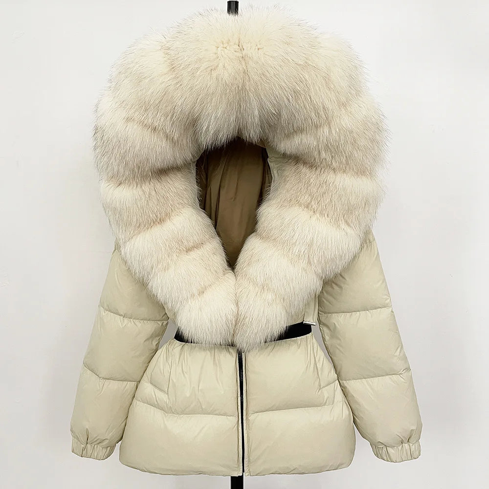 Hot Sale Women Luxury Black Down Jacket Waist‑Cinched Design High‑End Elegant Real Big Fox Fur Hooded Collar Winter Outerwear