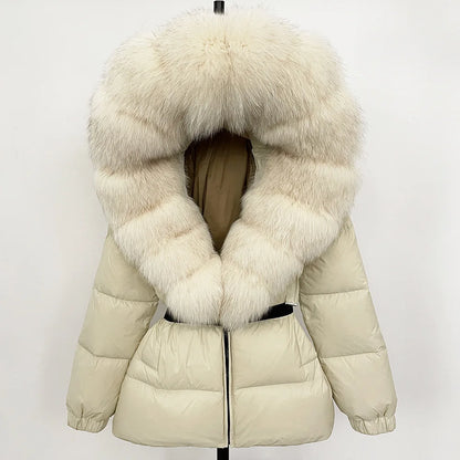 Hot Sale Women Luxury Black Down Jacket Waist‑Cinched Design High‑End Elegant Real Big Fox Fur Hooded Collar Winter Outerwear