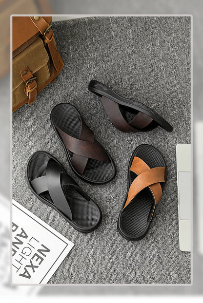 Mens Leather Slippers Comfortable Breathable Summer Big Size Sandals for Men with Soft Sole