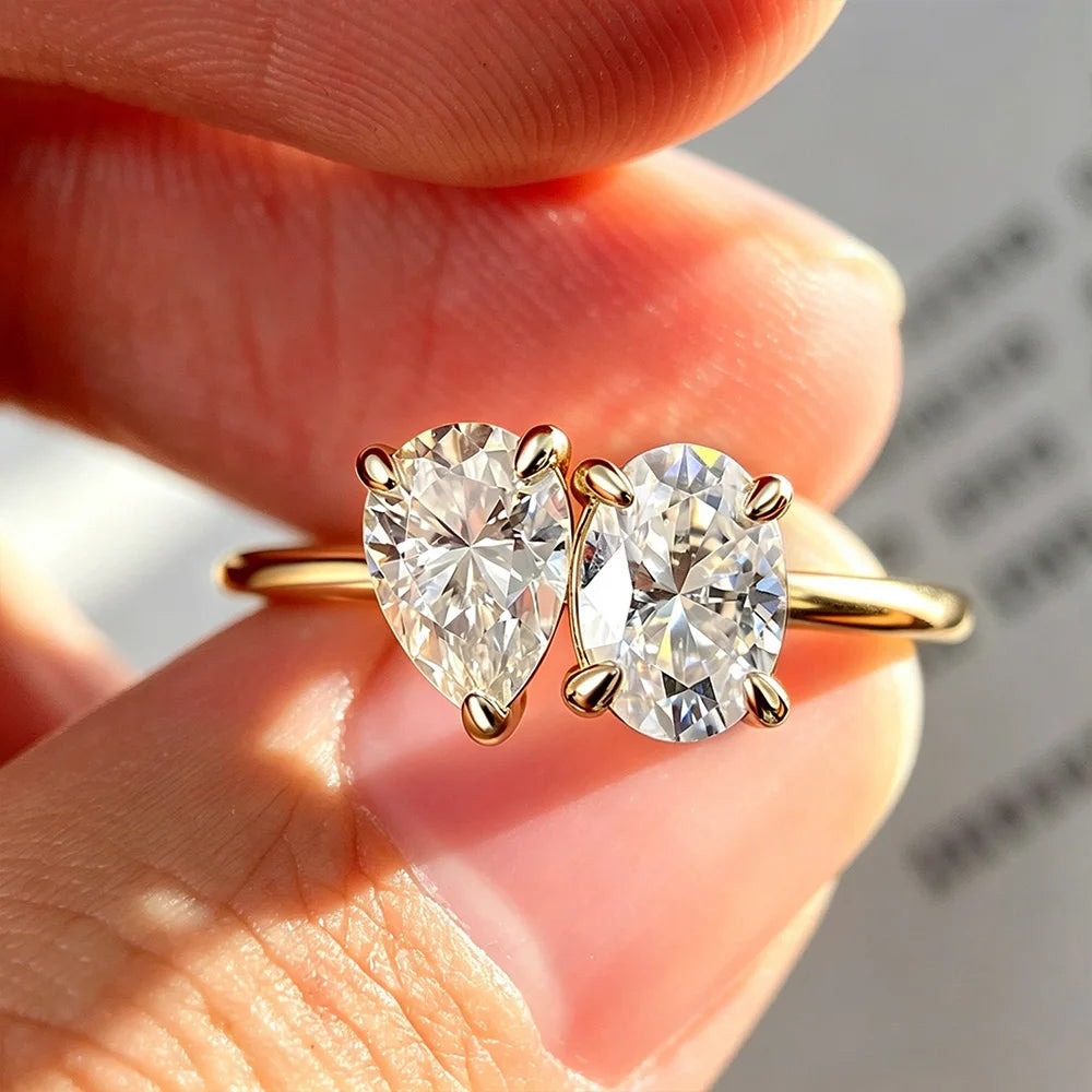 OEVAS Two Stones Pear Cut Moissanite Rings S925 Silver Plated 18K Gold Toi Et Moi Wedding Band For Women Engagement Fine Jewelry