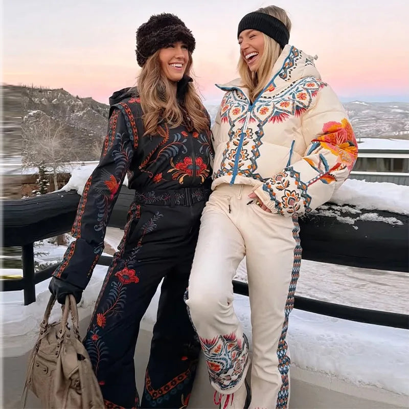 Women's Skiwear Printed With Belt Jumpsuits Winter Female Stand Collar Long Sleeve Zipper Slim Jumpsuit New Ladies Ski Sportwear