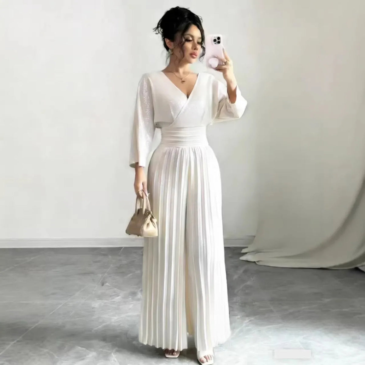 Pleated High Waist Wide Leg Capri Jumpsuits 2026 Trend V Neck Wrap Elegant Women's Palazzos White Three Quarter Long Romper