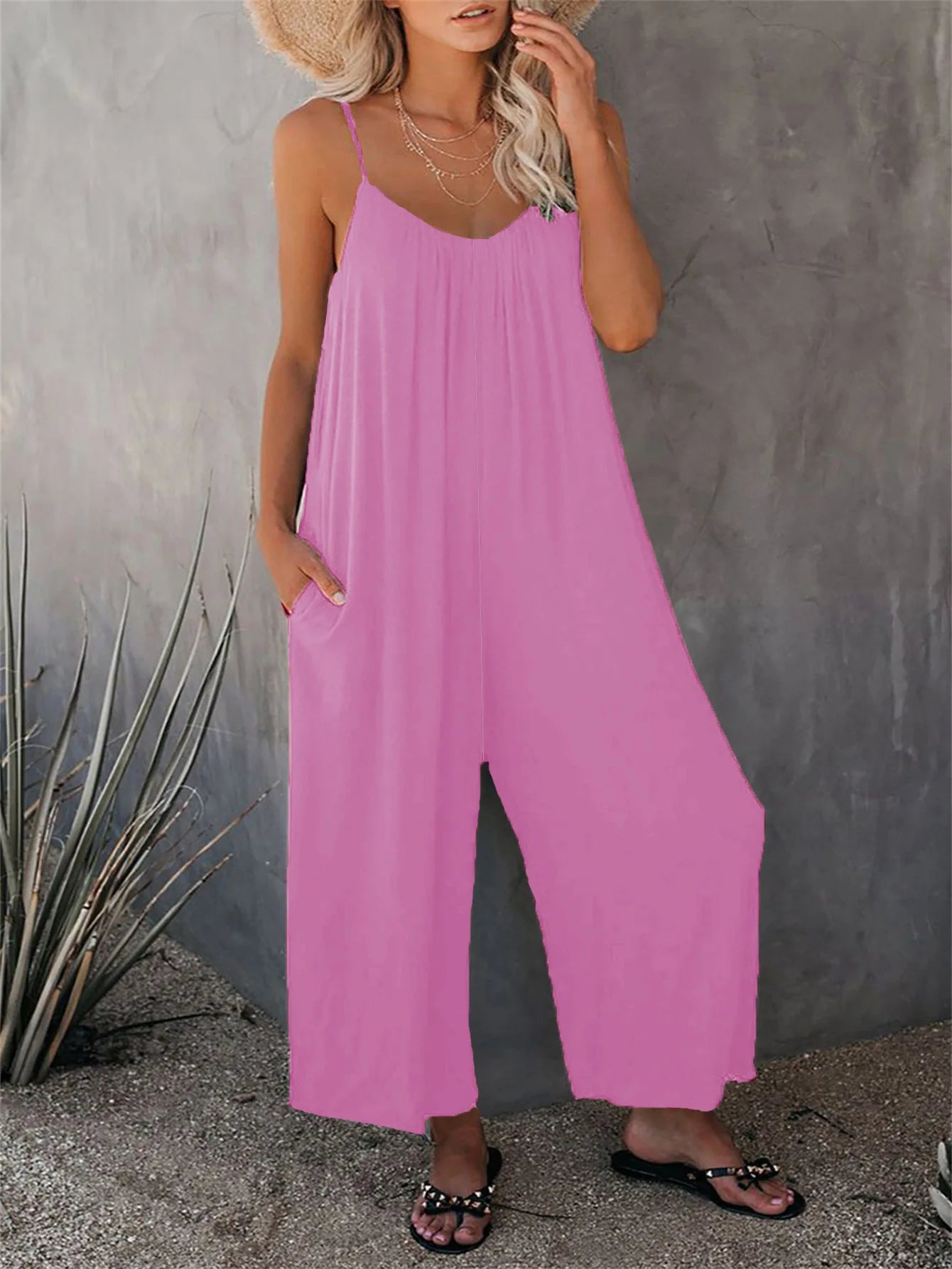 Strap jumpsuit for women's summer new cross-border solid color inserted bag casual jumpsuit