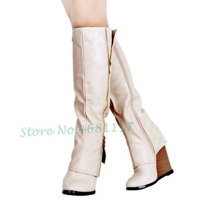 Beige Patchwork Wedges Long Boots Women Metal Gold Zipper Luxury Striped Heels Boots Mixed Colors Shoes Women Knee High Boots