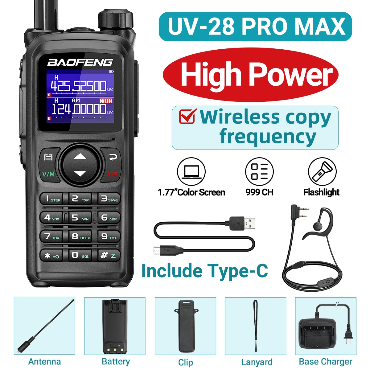 BAOFENG UV-28 PRO MAX Walkie Talkie 10W Multi-Band 999CH Wireless Copy Frequency Long Range Type-C AM FM UHF NOAA Two Way Radio