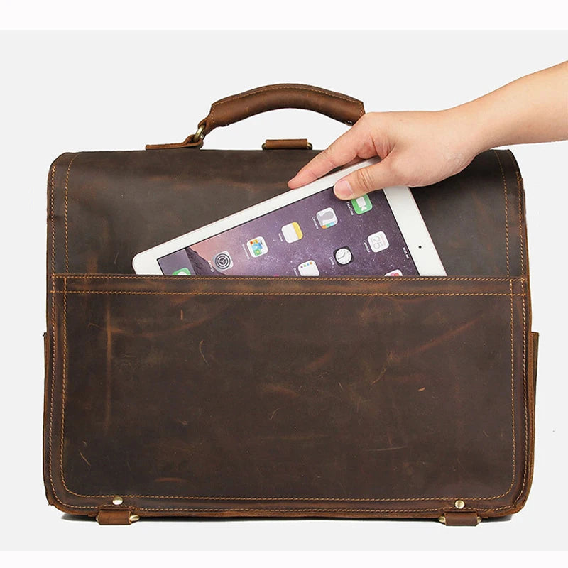 Vintage Crazy Horse Genuine Leather Men Briefcase Large Business Bag Tote Office Bag 15.6“Laptop Case Attache Male Shoulder Bag