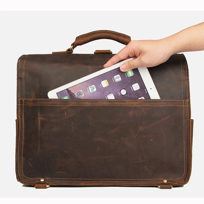 Vintage Crazy Horse Genuine Leather Men Briefcase Large Business Bag Tote Office Bag 15.6“Laptop Case Attache Male Shoulder Bag