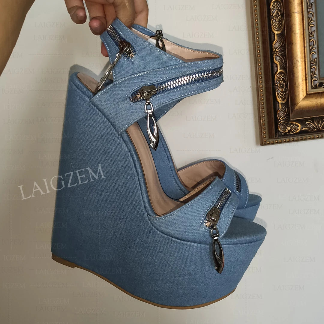 ZHIMA Women Sandals Platform Wedges 17CM High Heels Pumps Peep Toe Denim Handmade Ladies Shoes Woman Big Size 38 41 44 47 48