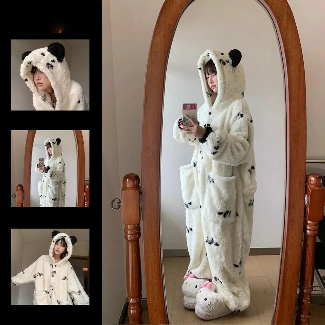 Funny Cute White Panda Pajamas One-piece Cral Fleece Thick and Warm Home Wear Autumn Winter for Women Halloween Christmas Gifts
