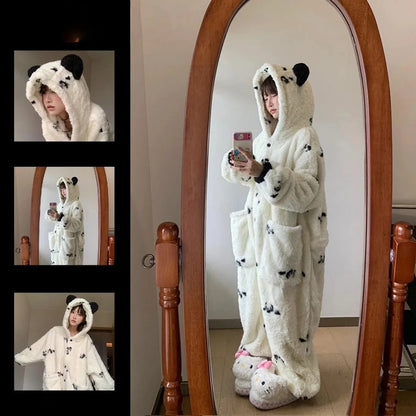 Funny Cute White Panda Pajamas One-piece Cral Fleece Thick and Warm Home Wear Autumn Winter for Women Halloween Christmas Gifts