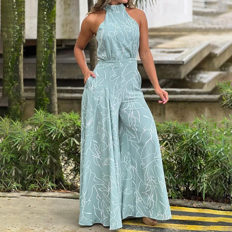 Summer European and American women's wear with elegant waist-cinching sash-tie sleeveless off-shoulder long pants printed jumps