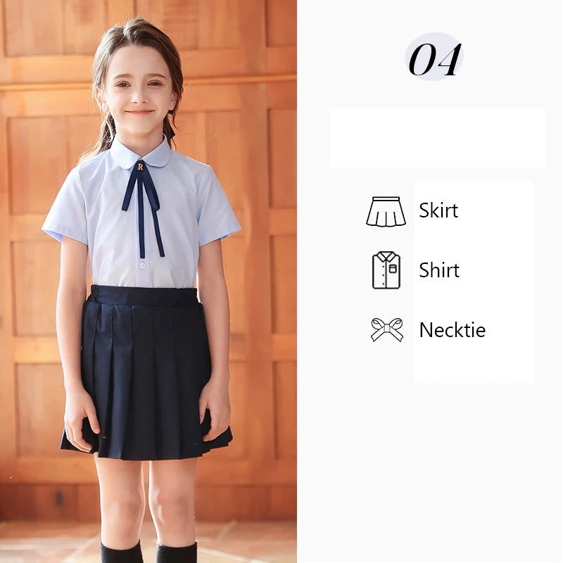 Children Summer Kindergarten School Uniforms Girls Pleated Skirts JK Suit Boys Shirt Shorts Bowtie Wedding Performance Costume