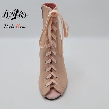 12cm/5Inch Plus size Beige PU Leather Lace-up Side zipper Peep toe High Stilettos Ankle boot Pole dancing Nightclub Rave Parties