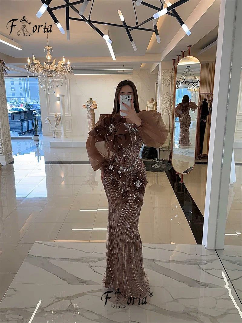 Luxury Brown Beaded Mermaid Evening Dress Stunning Crystal 3D Tulle Flowers Long Sleeve Formal Party Gown Robe de Mariee 2026