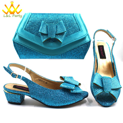 Pink New Arrivals Nigerian Women Shoes and Bag Set Italian Design Low Heels with Crystal Peep Toe Sandals for Party