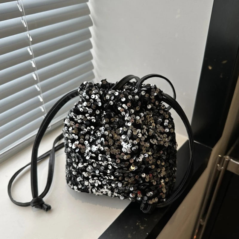 Shiny Sequin Drawstring Shoulder Bags for Women, Mini Crossbody Purse ,Sparkly Evening Handbag Suitable for Party Night Out