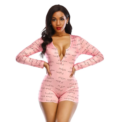Womens Playsuit Sexy Pajama with Butt Flap Valentines Day Overalls Jumpsuit  Long Sleeve V Neck Women Bodycon Romper Sleepwear