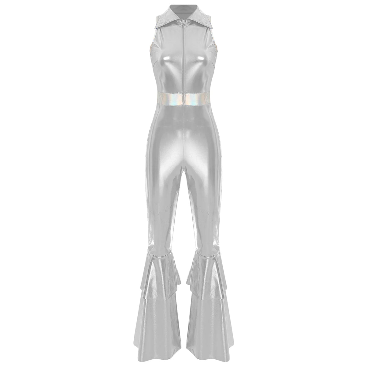 Women Vintage One Piece 70s Disco Dance Rompers Sleeveless Metallic Bell Bottom Flared Pants Jumpsuit for Retro Party Jazz Dance