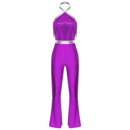 70s 80s Disco Costume Women's Streetwear Jumpsuit Shiny Clubwear Flared Long Pants Rompers Flares Metallic Hippie Party Outfit