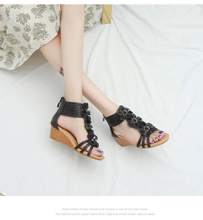 High quality leather flat sandals for women 5cm mid heel flower summer 2026 36 42 open toe vintage beach shoe black pink beige