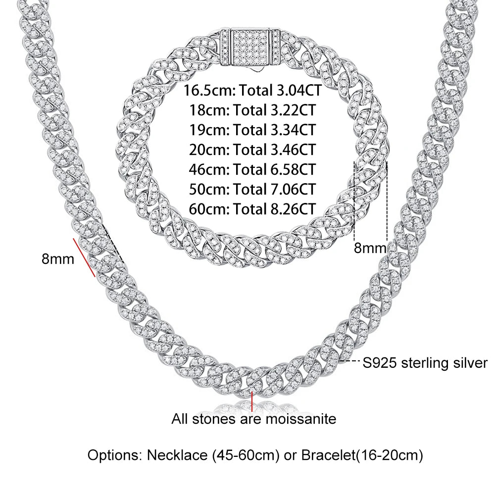 8mm Real Moissanite Cuban Link Necklace Bracelet for Men Women 925 Sterling Silver Lab Diamond Neck Chains Hip Hop Jewelry GRA