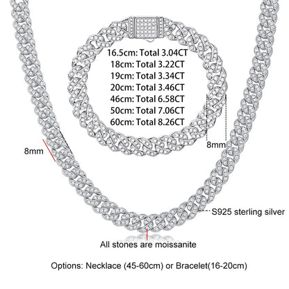 8mm Real Moissanite Cuban Link Necklace Bracelet for Men Women 925 Sterling Silver Lab Diamond Neck Chains Hip Hop Jewelry GRA