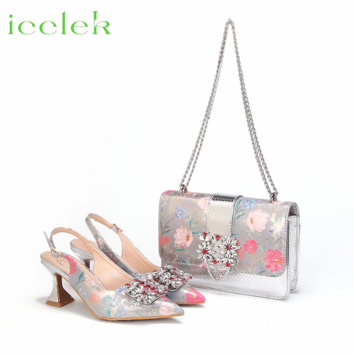 Newest Green Color Print Design High Heels Decorated with Water Rhinestone Party Women's Shoes and Bags Set