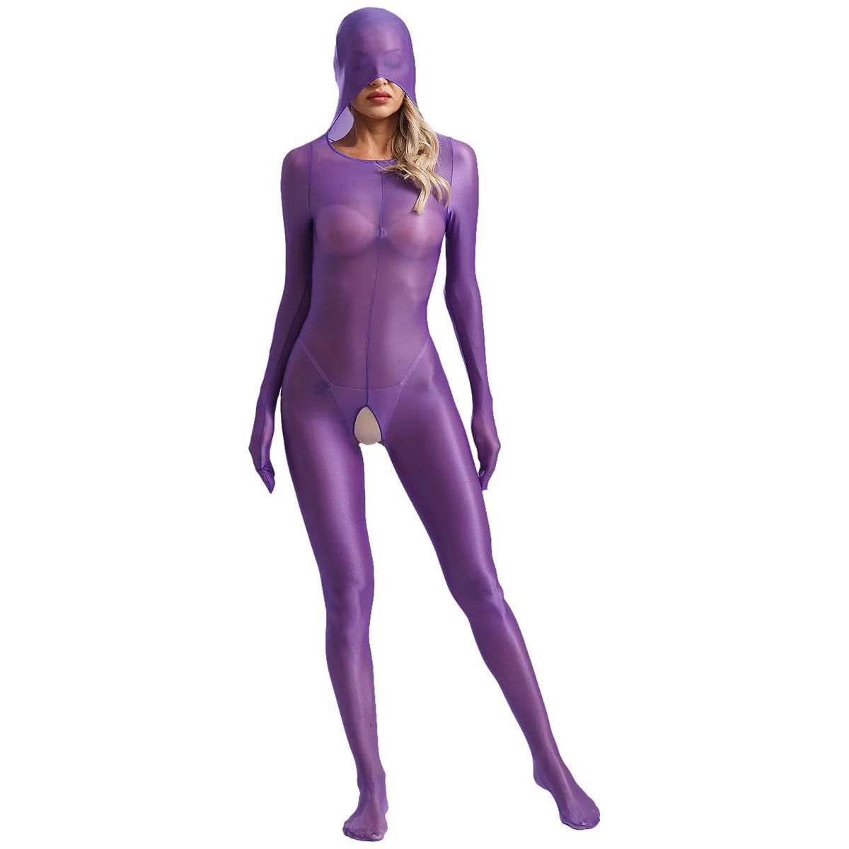 Women Glossy Full Bodystockings Covering Bodysuit with Gloves See Through Hollow Out Pouch Enhancing Bodysuit Footed Jumpsuit