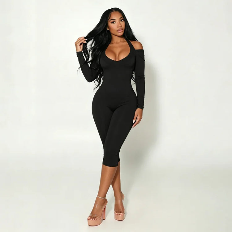 FLARORA Sexy Serpentine Print Jumpsuits Woman Halter Off-shoulder Full Sleeve Skinny Peach Hip Playsuits Hottie Party Clubwear