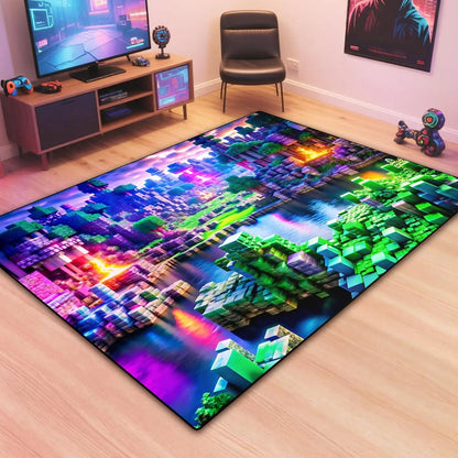 Neon Voxel World Print Area Rug, Colorful Blocky Pixel Scene Floor Mat for Gaming Room, Bedroom, Non-Slip Washable Carpet