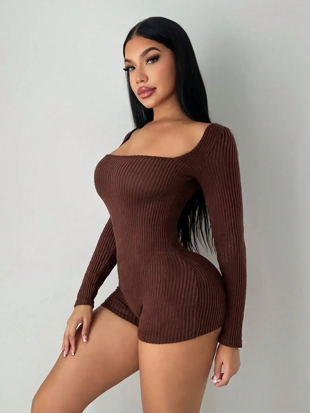 Fashionable Sexy Square Neck Solid Color Long Sleeve Slim Fit Ribbed Onesie Pants