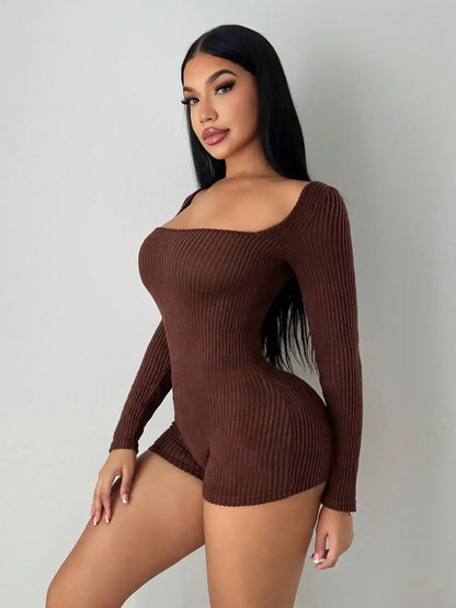 Fashionable Sexy Square Neck Solid Color Long Sleeve Slim Fit Ribbed Onesie Pants