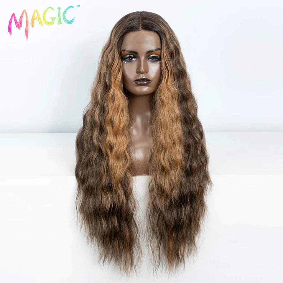 Magic Synthetic Lace Front Wig Long Deep Wavy 30 Inch Ombre Blonde Ginger Lace Wigs For Black Women Heat Resistant Cosplay Wigs