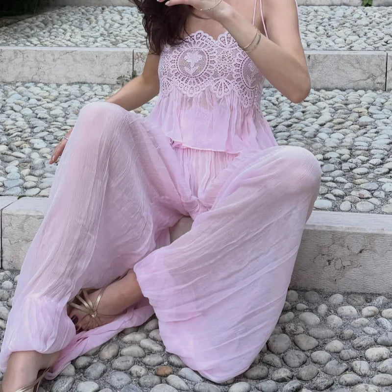 Beach Pink Lace Spliced Women's Set Summer See Through Strap Tank Top Pleated Lantern Pants Sets Lady New Casual Vacation Outfit