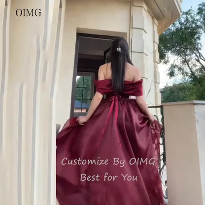 OIMG Elegant Burgundy Off The Shoulder Asymmetry Prom Gowns Backless Gala-ready Party Gown Floor Length Evening Dress Customized