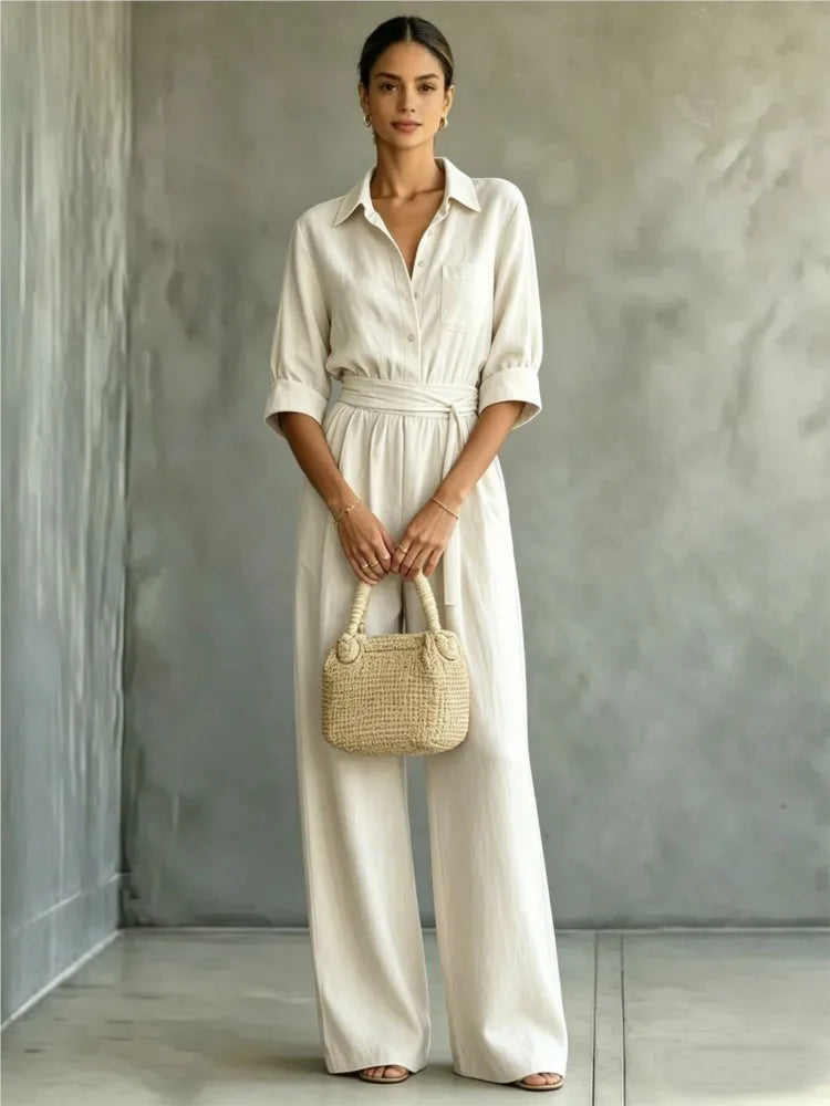 Women's Mid-sleeve Shirts Jumpsuits Spring Summer New 2026 New Fashion Elegant Waisted Lace-up Wide-leg Trousers Female Rompers