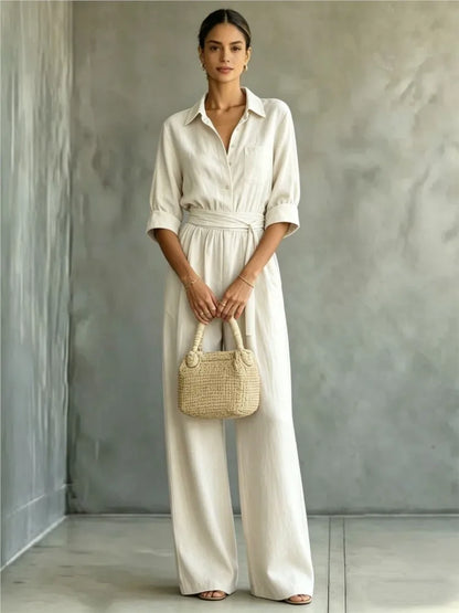 Women's Mid-sleeve Shirts Jumpsuits Spring Summer New 2026 New Fashion Elegant Waisted Lace-up Wide-leg Trousers Female Rompers