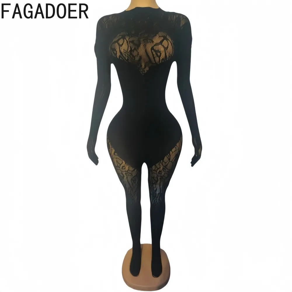 FAGADOER Sexy Knitted Patchwork Bodycon Jumpsuits Hot Girl Black See Through Hollow Out Romper Summer Night Party Club Playsuits