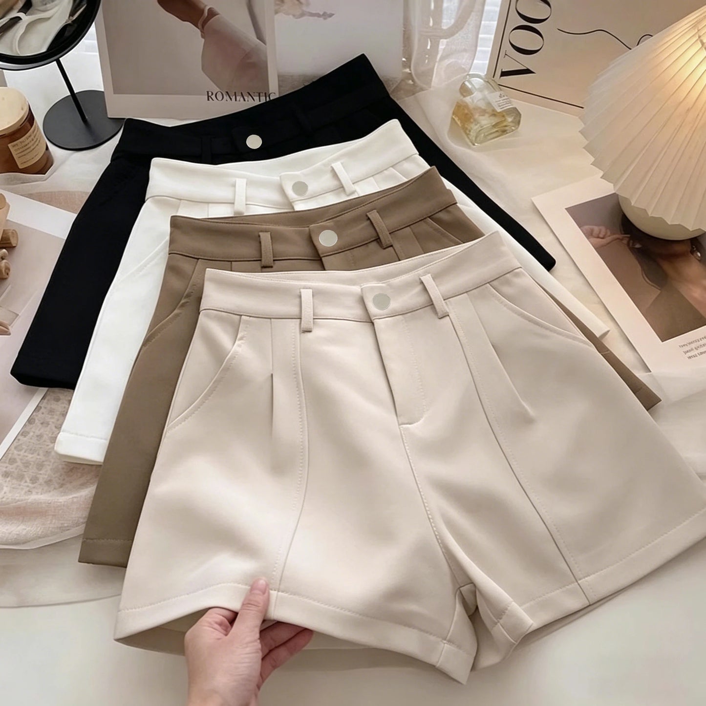 Casual Women A-Line Shorts Fashion Office Lady Commute Vintage Solid High Waist Short Pants Casual Streetwear Summer Trousers