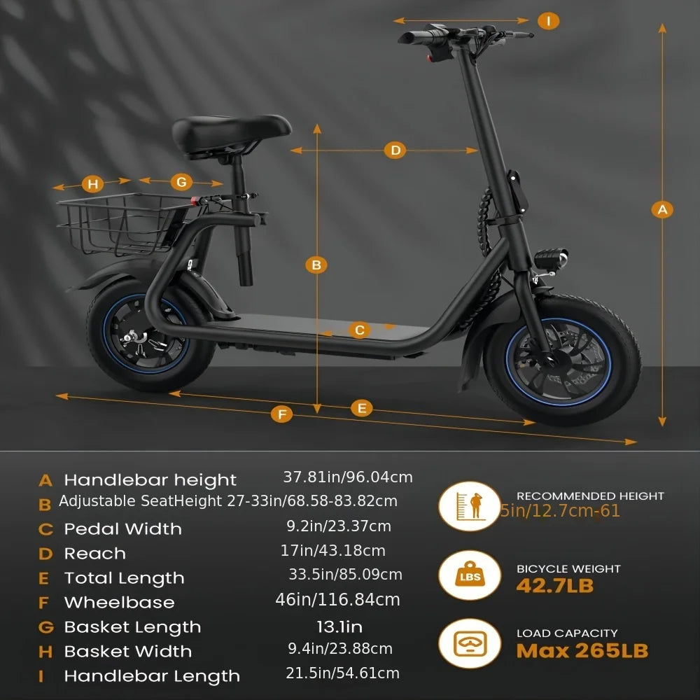 GYROSHOES Adult Electric Scooter with Seat – 450W Motor, 15-Mile Range, 16 MPH, 12" Tires, Rear Basket, UL2272 Certified, Adjustable Seat for Commuting & Errands