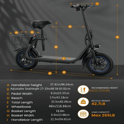 GYROSHOES Adult Electric Scooter with Seat – 450W Motor, 15-Mile Range, 16 MPH, 12" Tires, Rear Basket, UL2272 Certified, Adjustable Seat for Commuting & Errands